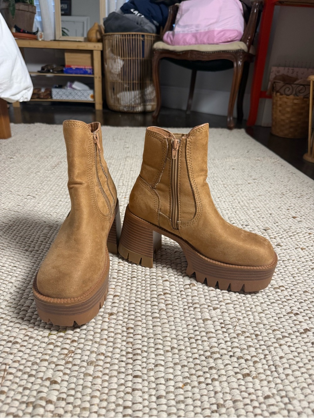 BAMBOO Tan Suede Chunky Platform Ankle Boots